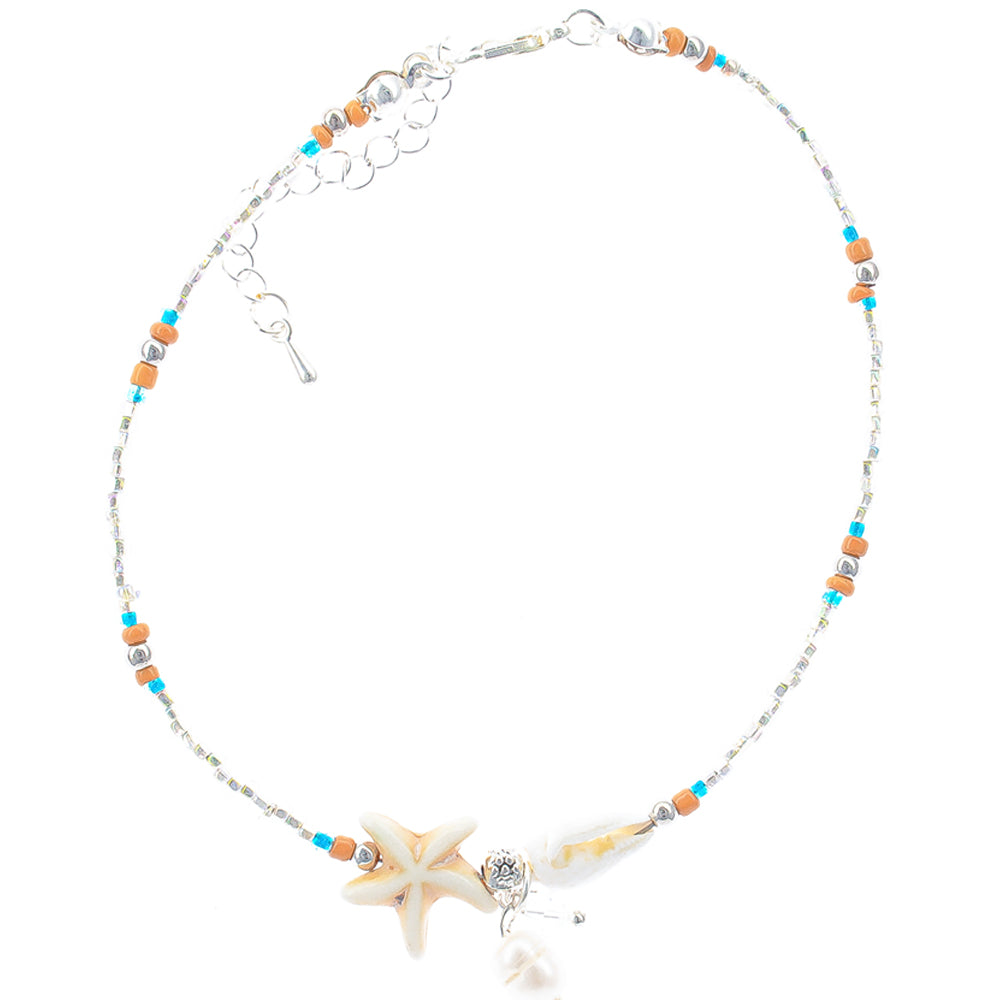 anklet, starfish, shell,  beaded, beach style, boho style,