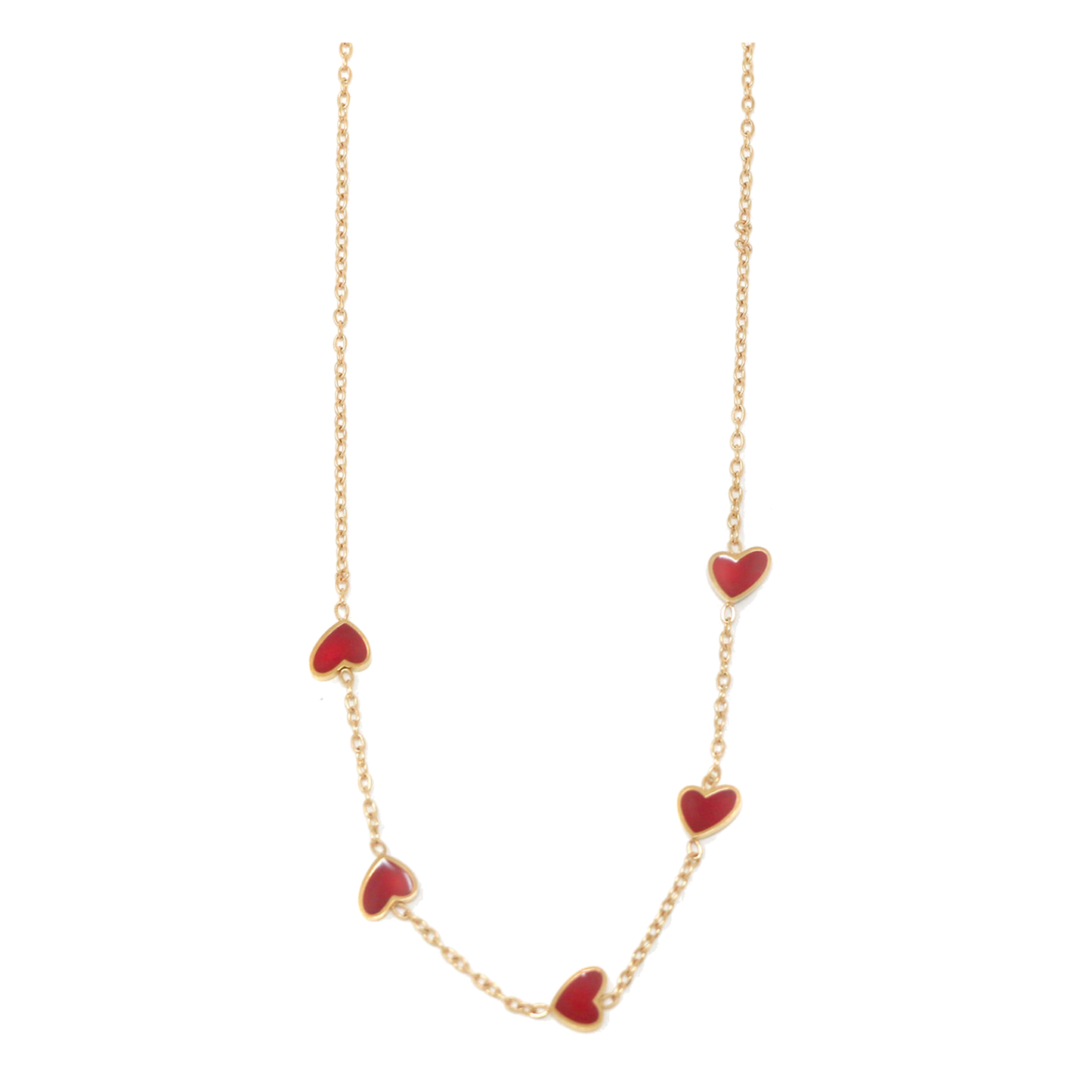 18K Gold Red Enamel Heart Station Necklace