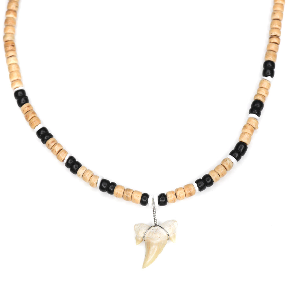 Cocoa Bead Shark - Fossil Sharks Tooth Necklace