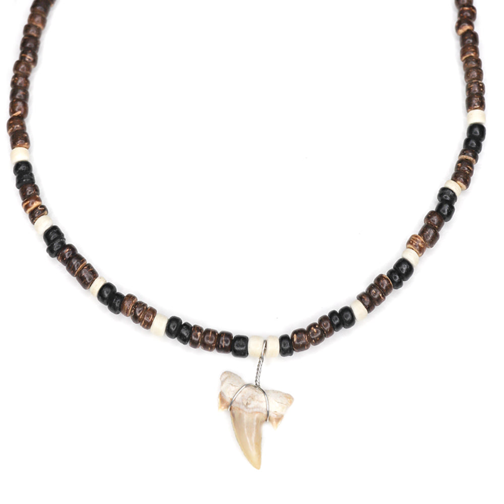 Cocoa Bead Shark - Fossil Sharks Tooth Necklace