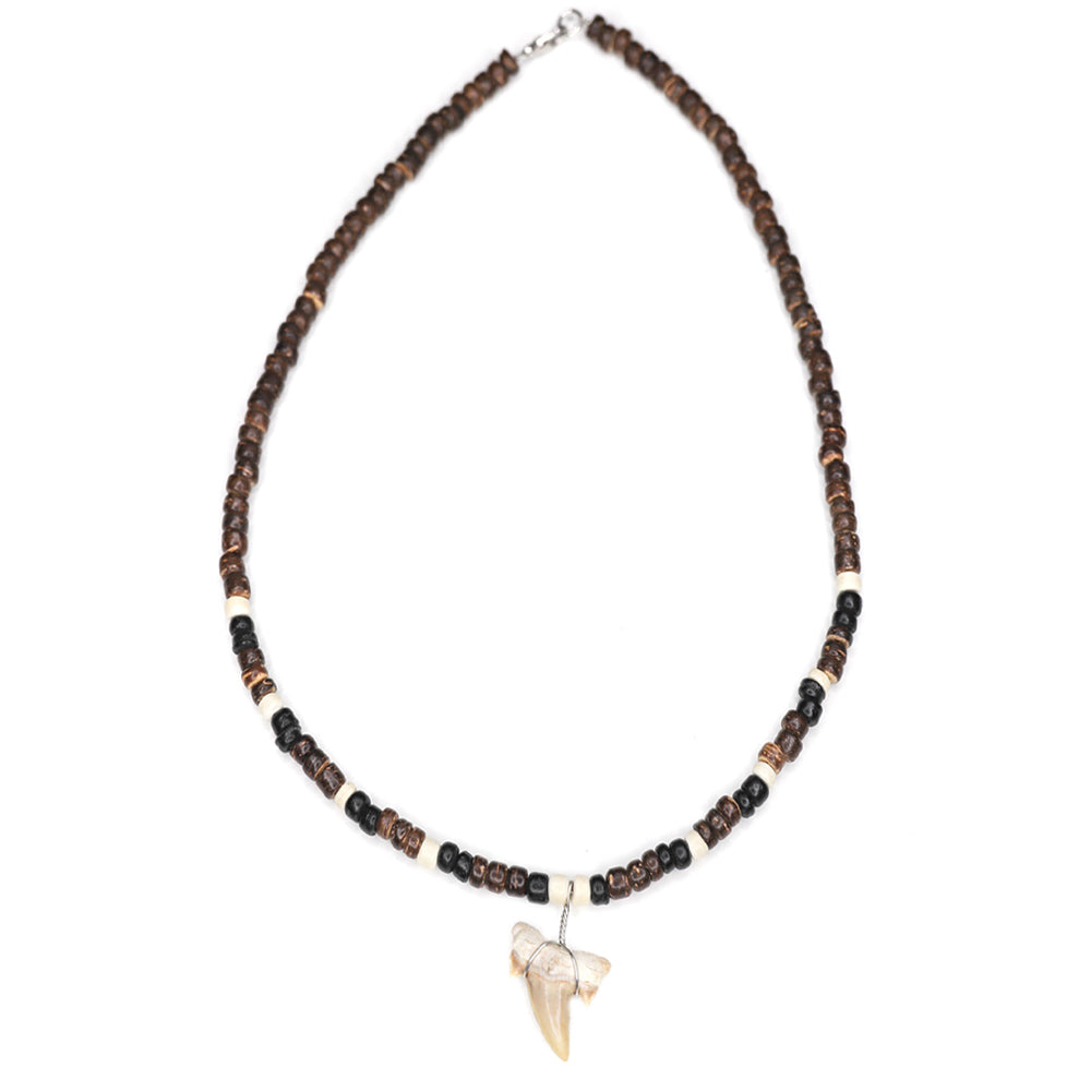 Cocoa Bead Shark - Fossil Sharks Tooth Necklace