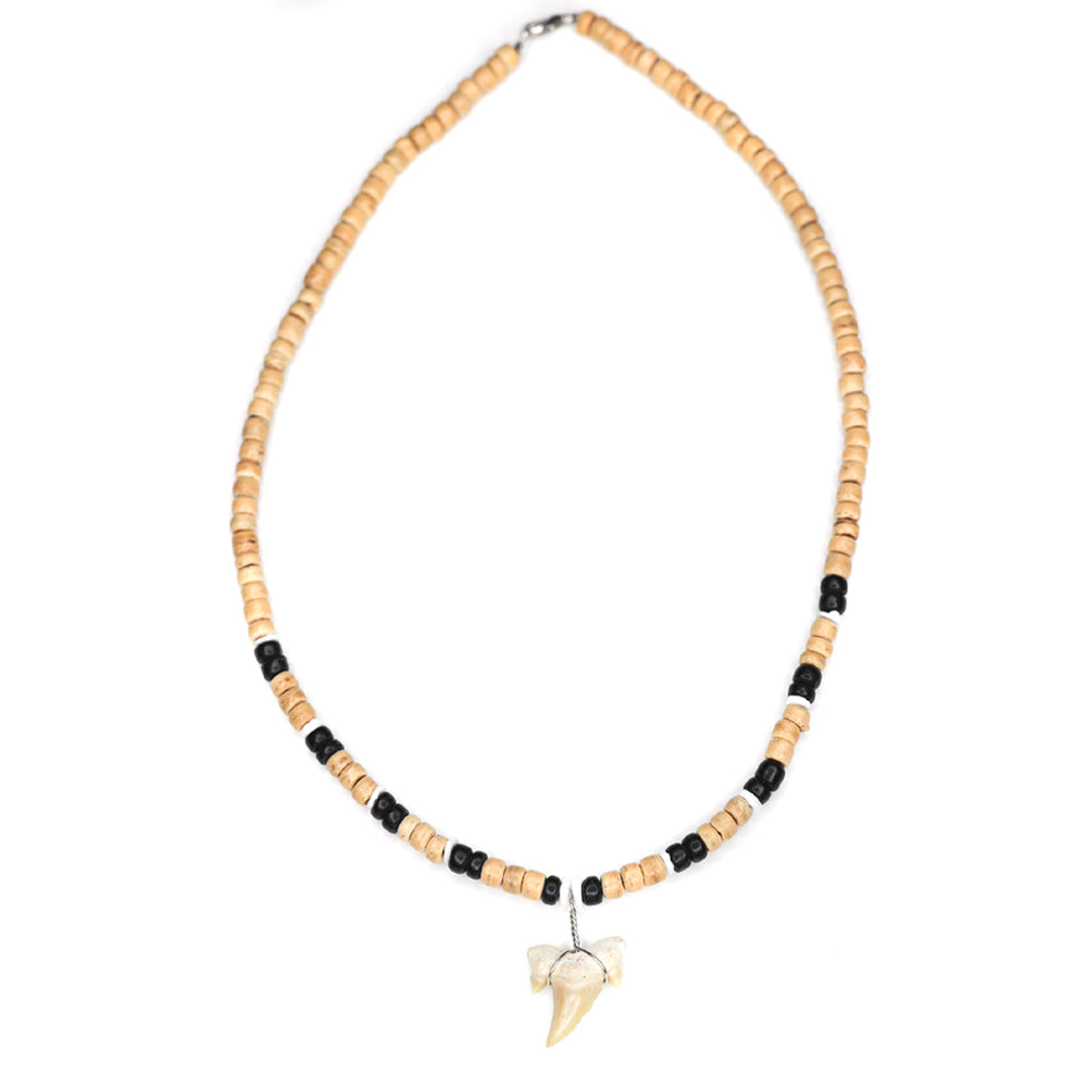 Cocoa Bead Shark - Fossil Sharks Tooth Necklace