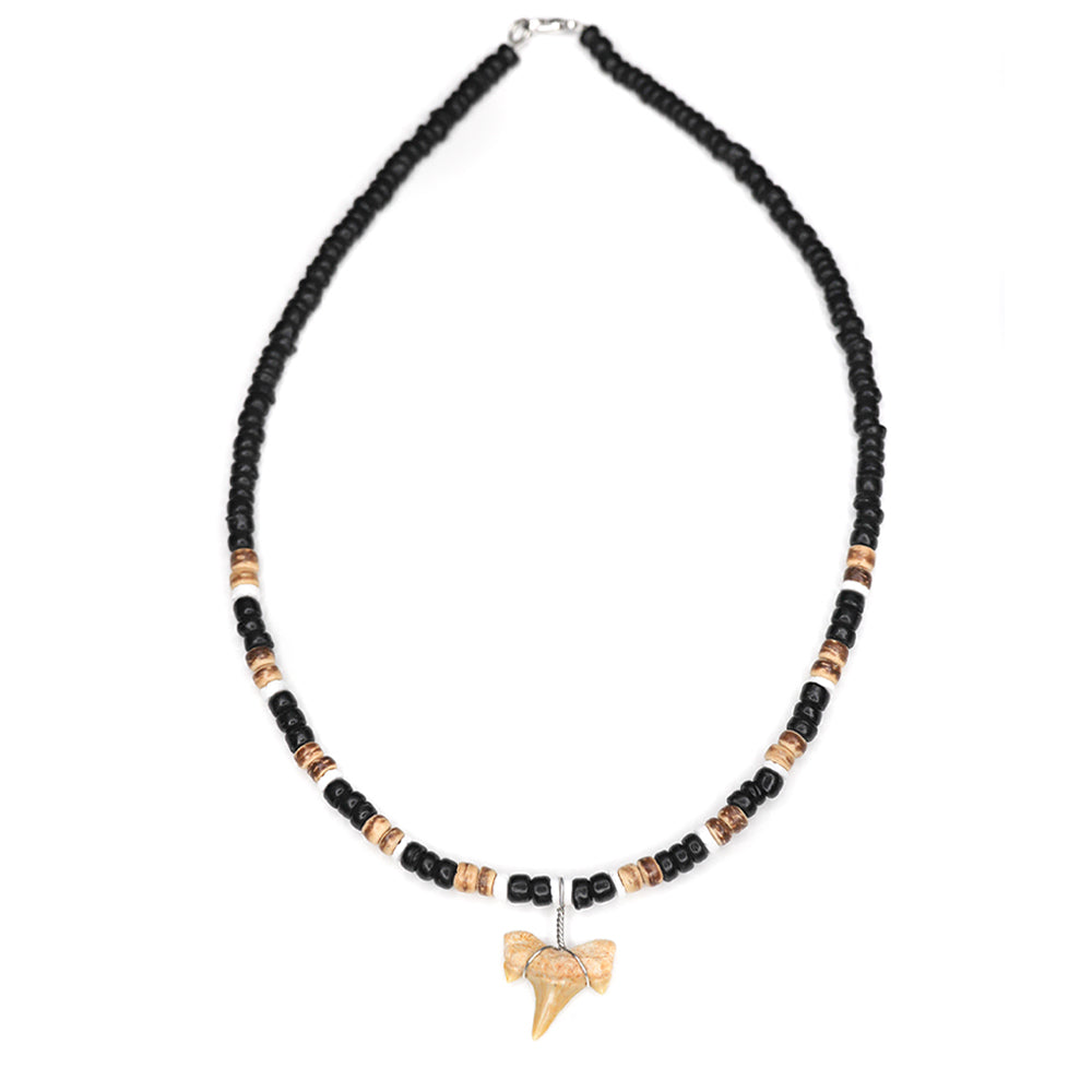 Cocoa Bead Shark - Fossil Sharks Tooth Necklace