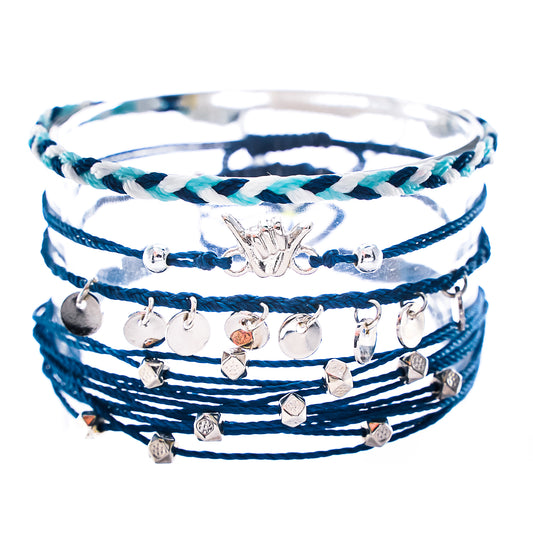 blue shaka hang loose string bracelet stack