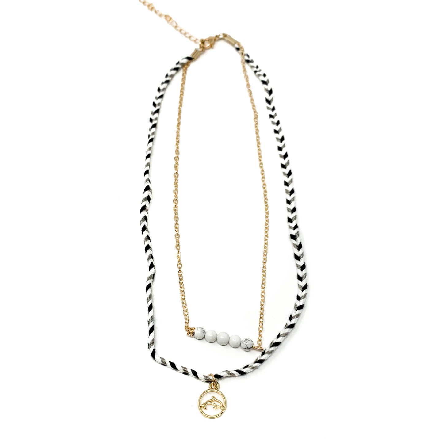 black and white stylish beach style necklace with dolphin pendant