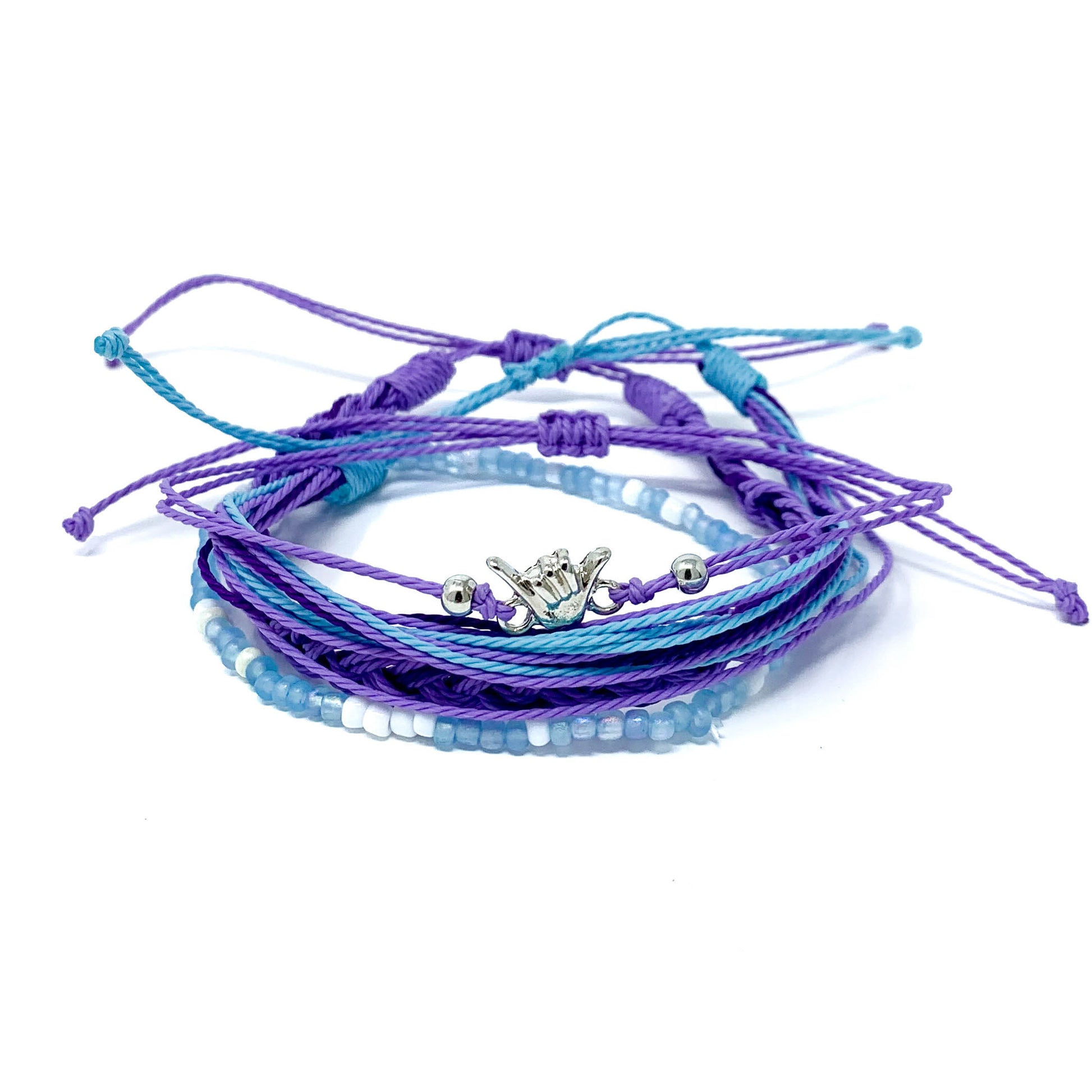 shaka purple blue string bracelet stack