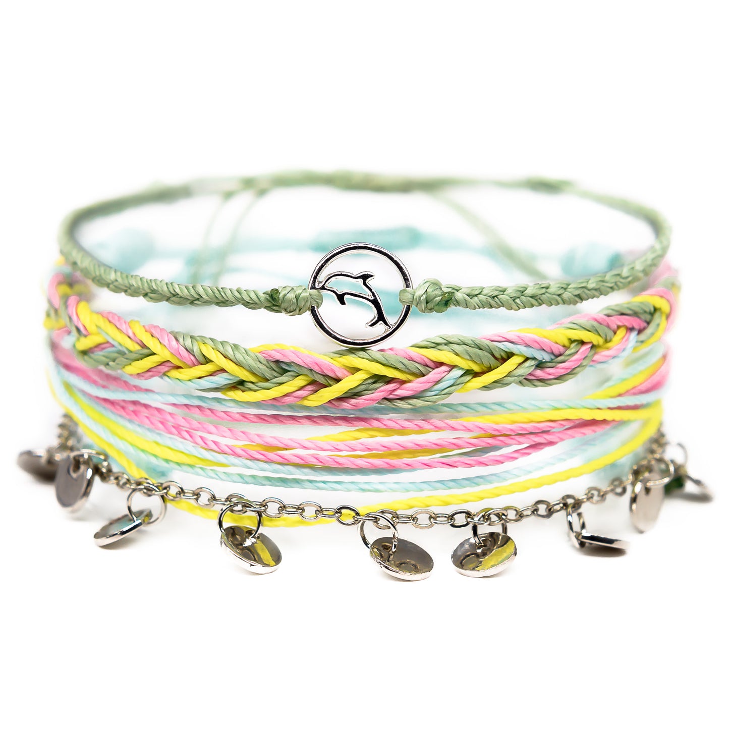 pastel green and yellow dolphin string bracelet stack