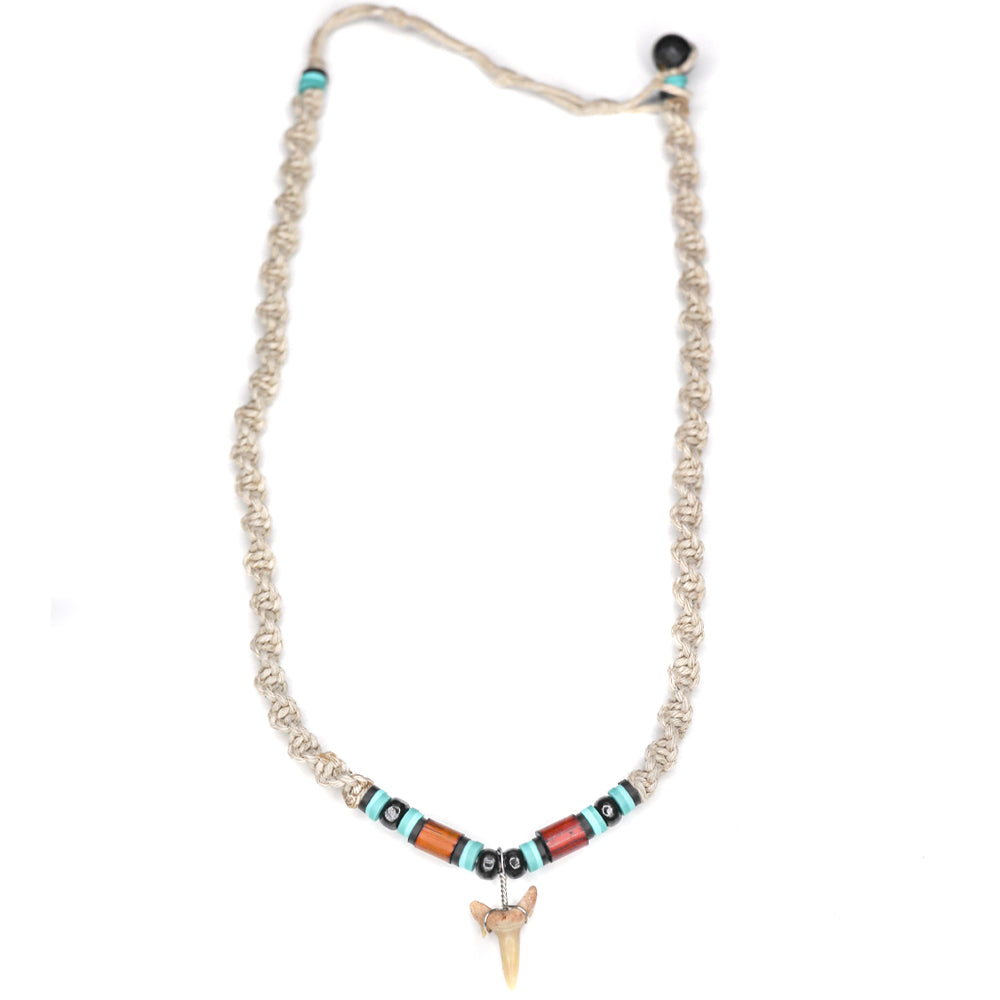 charming shark, jewelry, shark tooth necklace, natural, unisex, men, hemp, tan, light, blue, beads, beaded