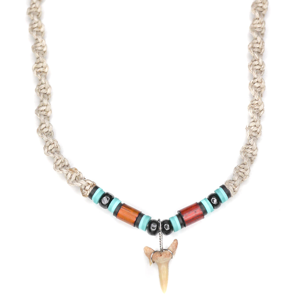 charming shark, jewelry, shark tooth necklace, natural, unisex, men, hemp, tan, light, blue, beads, beaded