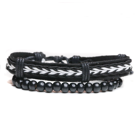 Black and White Leather Bracelet Duo