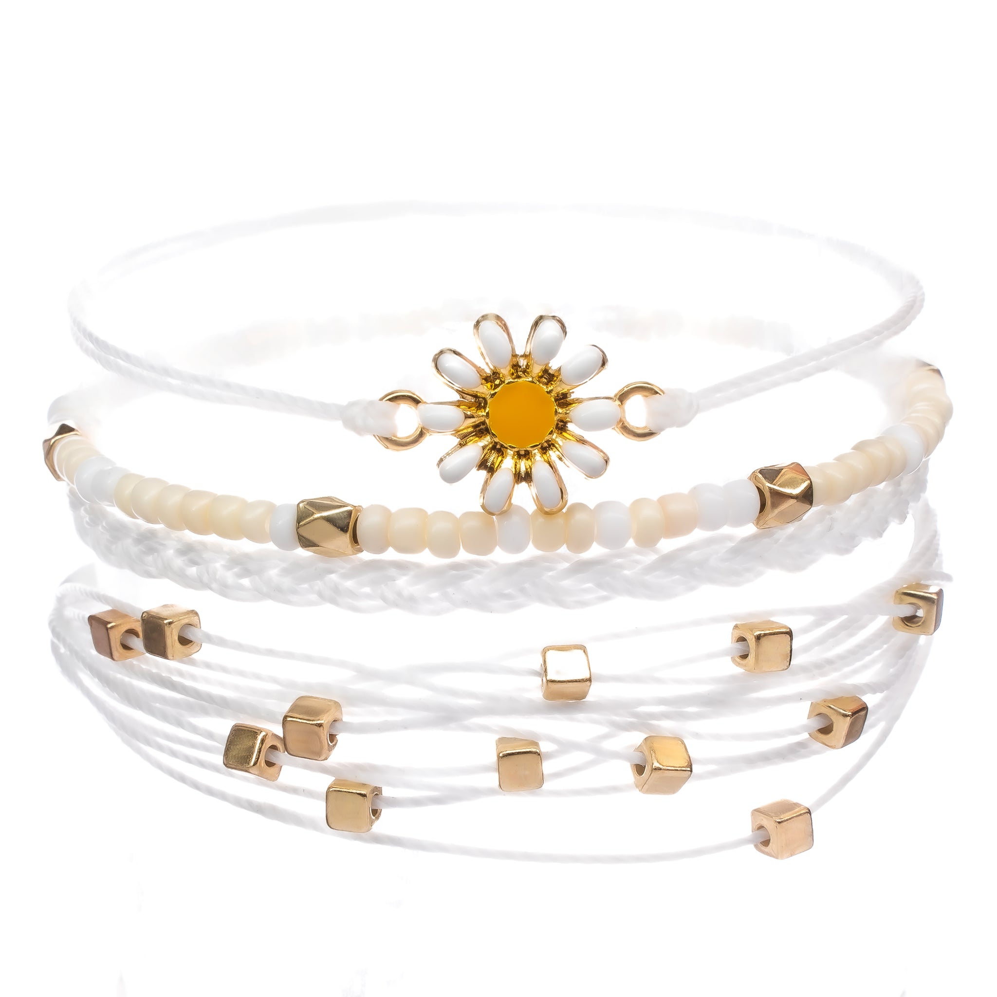Beaded Daisy Flower Bracelets Stack Of 3