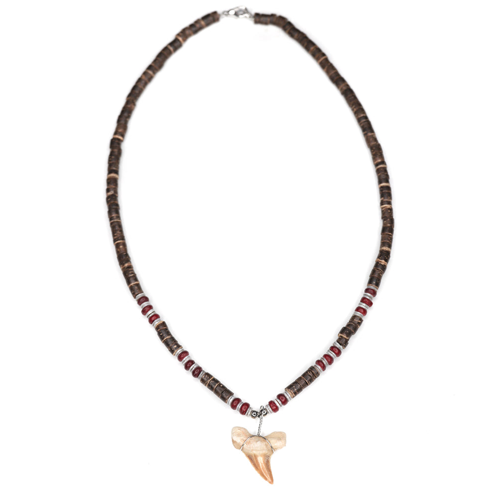 charming shark, jewelry, shark tooth necklace, natural, unisex, coconut, shell, bead, Heishi, trendy, cool, red, dark red, big, tooth, shark