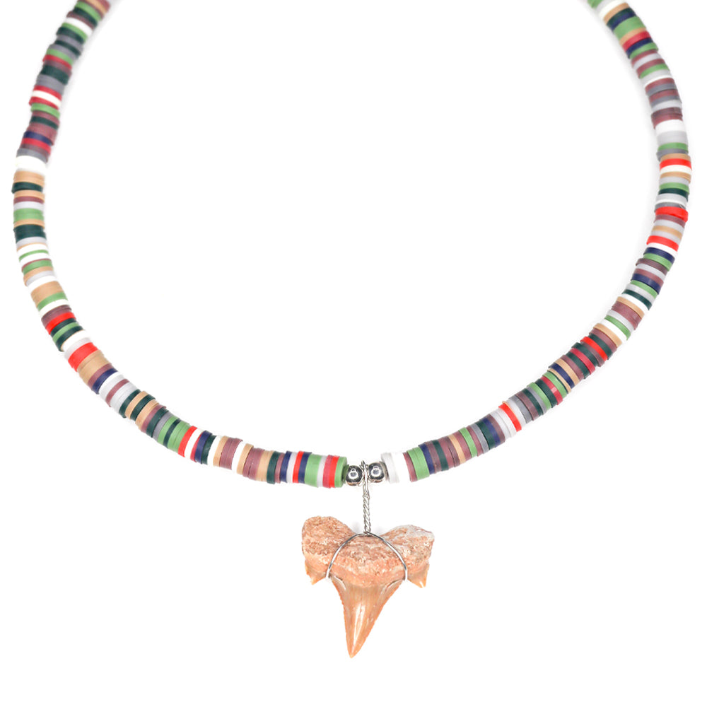 charming shark, multi colored fimo necklace, shark tooth necklace, men, teen, kids, unisex, dark, blue, red, brown, colorful, white, cool, trendy, pattern colors