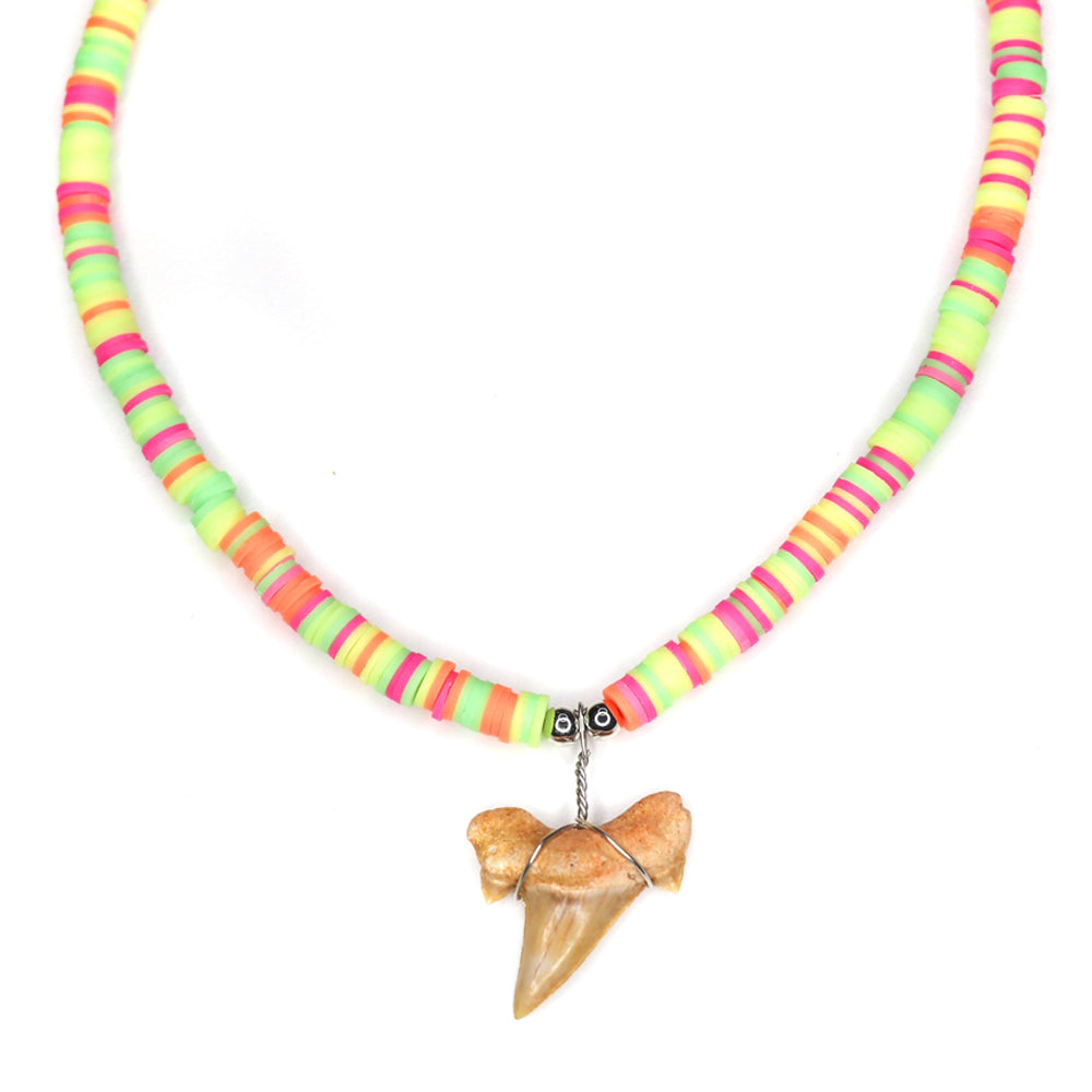 charming shark, multi colored fimo necklace, shark tooth necklace, women, teen, kids, unisex, colorful, rainbow, green, yellow, orange, pink, neon, cool, trendy, happy