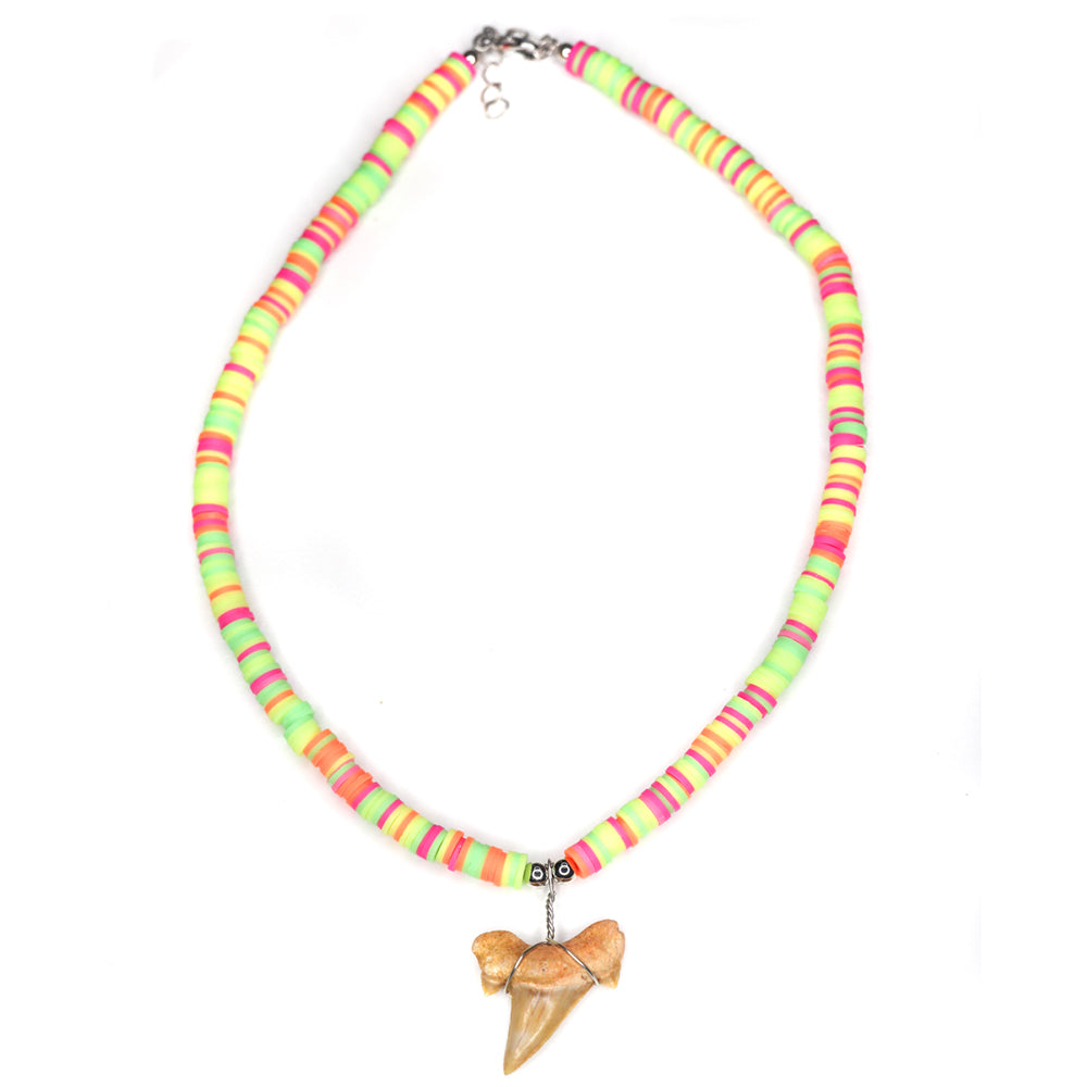 charming shark, multi colored fimo necklace, shark tooth necklace, women, teen, kids, unisex, colorful, rainbow, green, yellow, orange, pink, neon, cool, trendy, happy