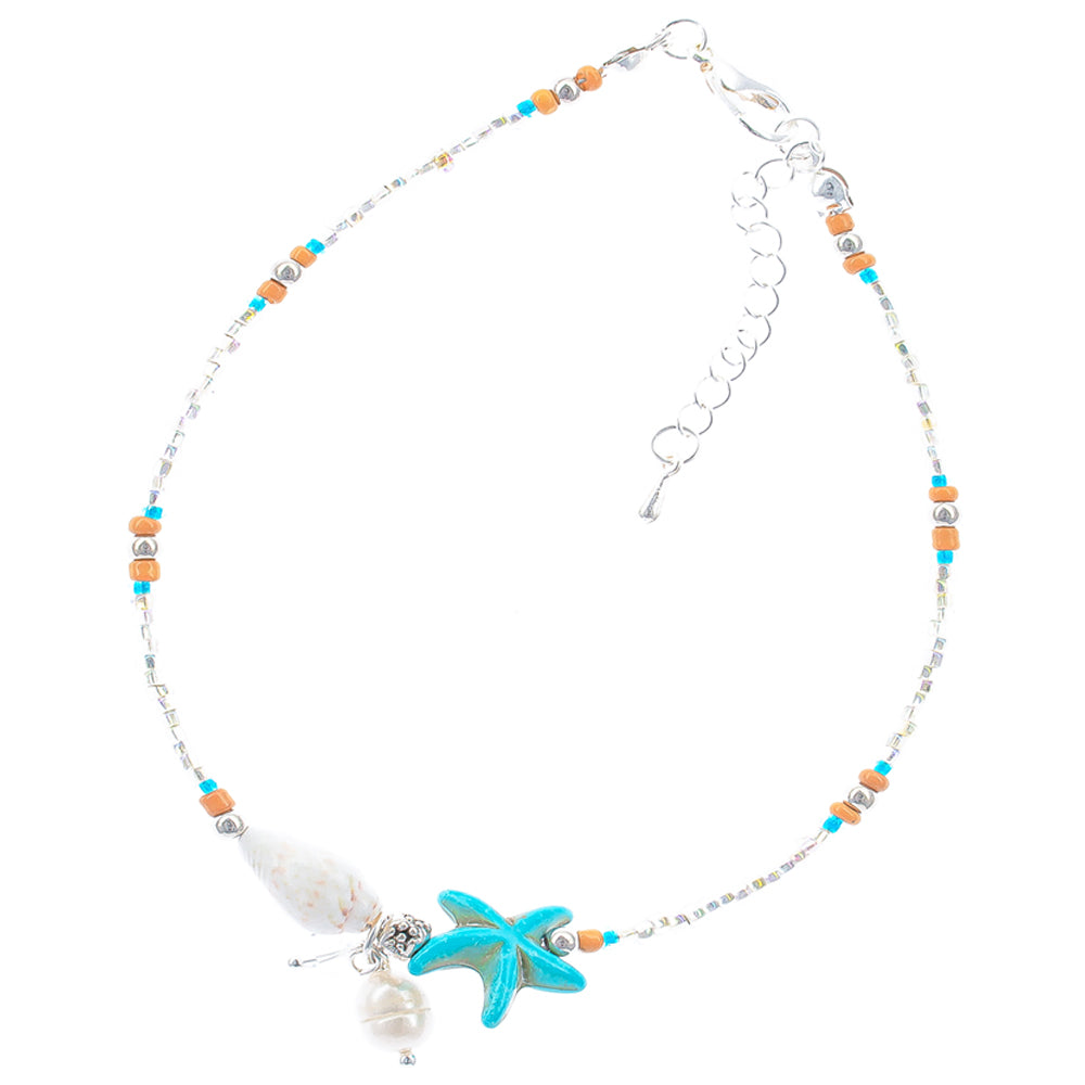 anklet, starfish, shell,  beaded, beach style, boho style, turquoise