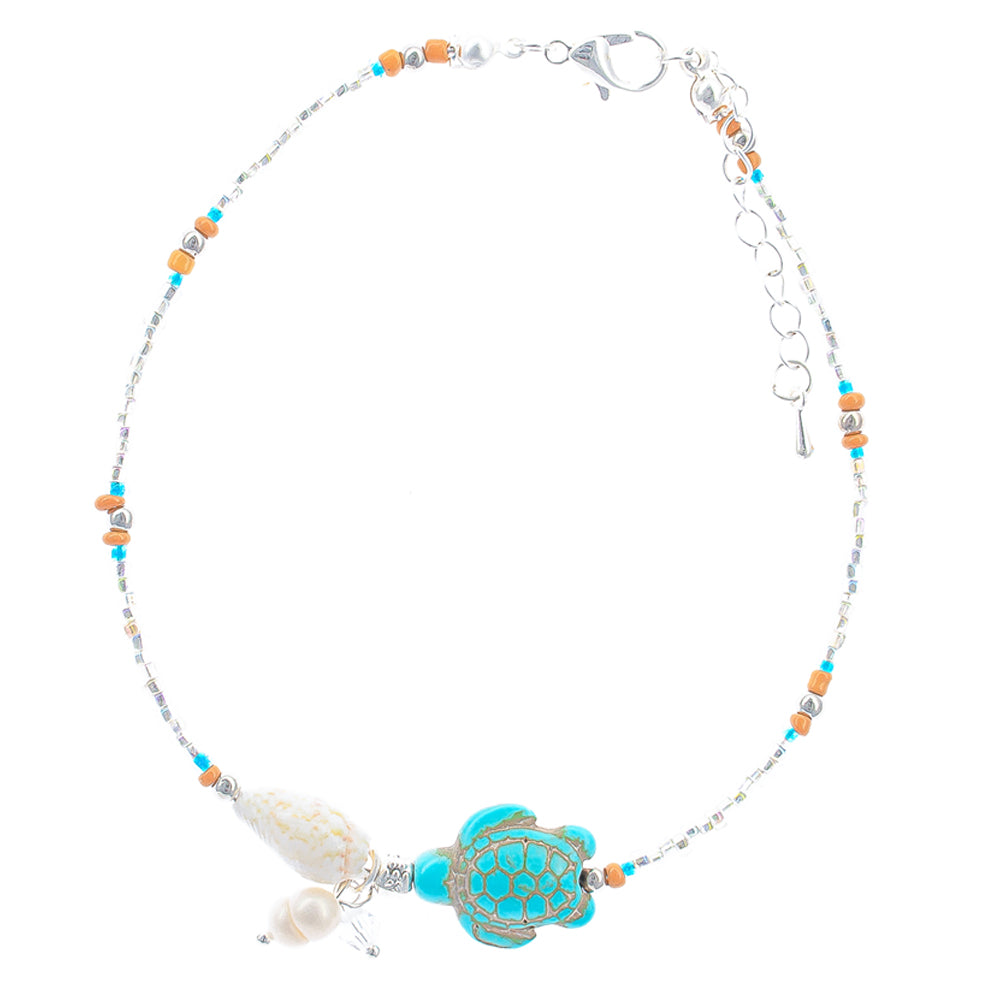 anklet, turtle, shell,  beaded, beach style, boho style, turquoise
