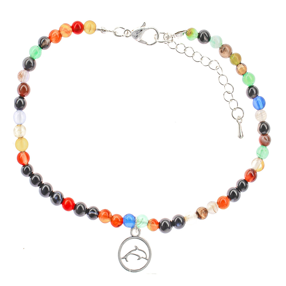 anklet, stone beaded, beach style, boho style, dolphin charm, multi colors