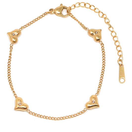 18K Gold Dainty Heart Crystal Charm Chain Bracelet