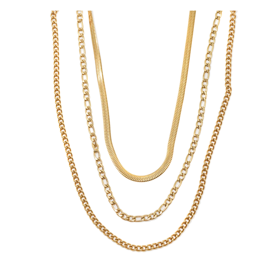 18K Gold Triple-Layer Herringbone & Figaro Chain Necklace