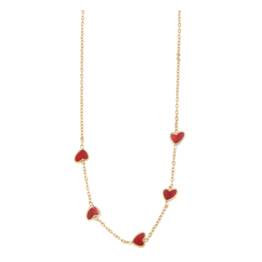 18K Gold Red Enamel Heart Station Necklace