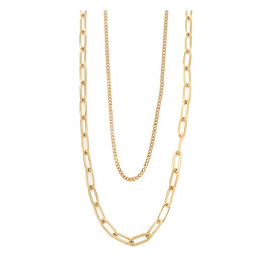 18K Gold Double-Layer Paperclip & Curb Chain Necklace