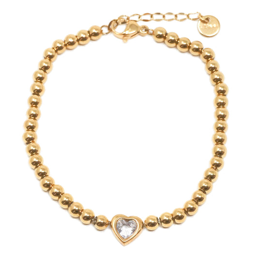 18K Gold Beaded Heart Crystal Bracelet