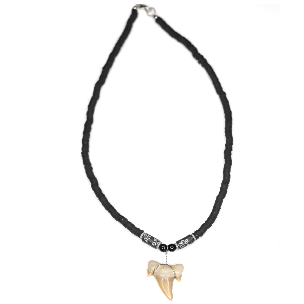charming shark, jewelry, shark tooth necklace, men, unisex, fimo, bead, trendy, cool, black, big, tooth, shark, pattern, 