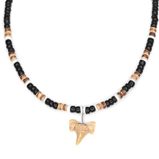 Cocoa Bead Shark - Fossil Sharks Tooth Necklace