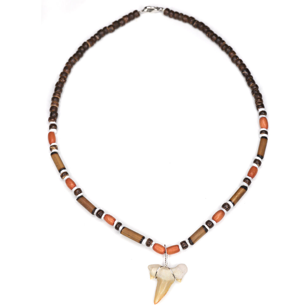 Imitation Resin Shark Tooth Pendant Blue Cord Chain Wood Beads Surf Ne