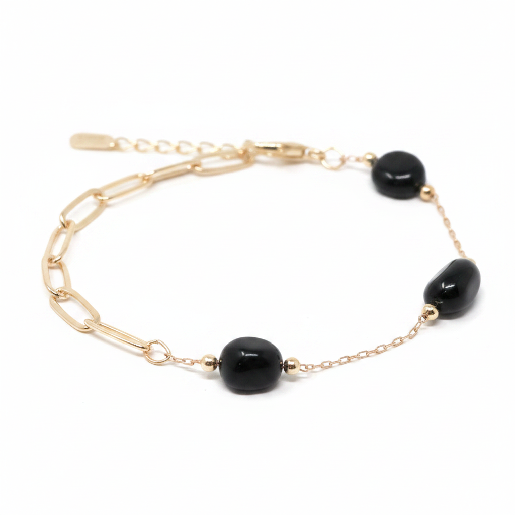 18K Gold Natural Stone Station Bracelet - Black Onyx