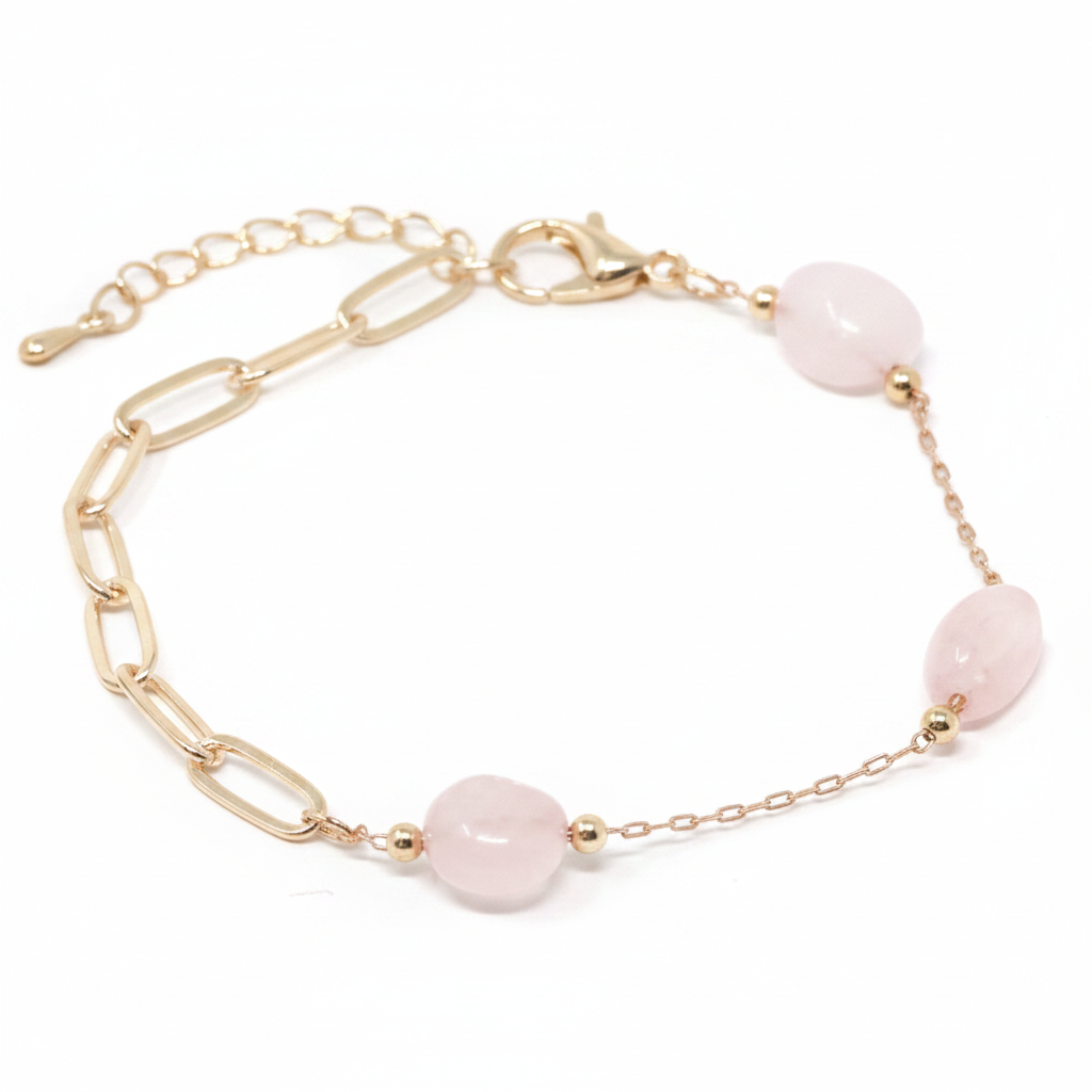 18K Gold Natural Stone Station Bracelet - Rose Quartz