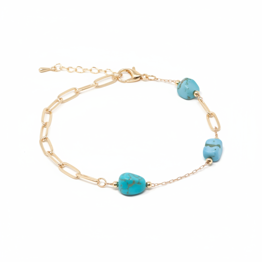 18K Gold Natural Stone Station Bracelet - Turquoise