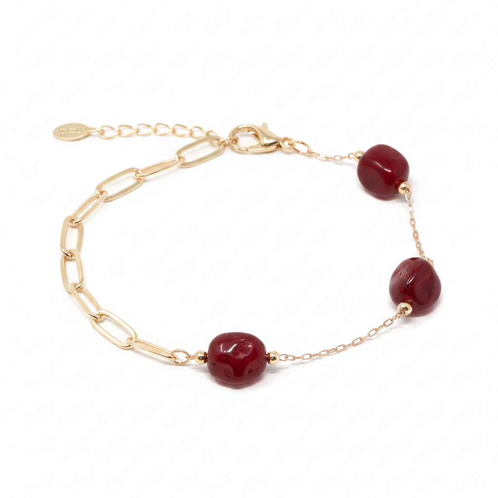18K Gold Natural Stone Station Bracelet - Red Agate