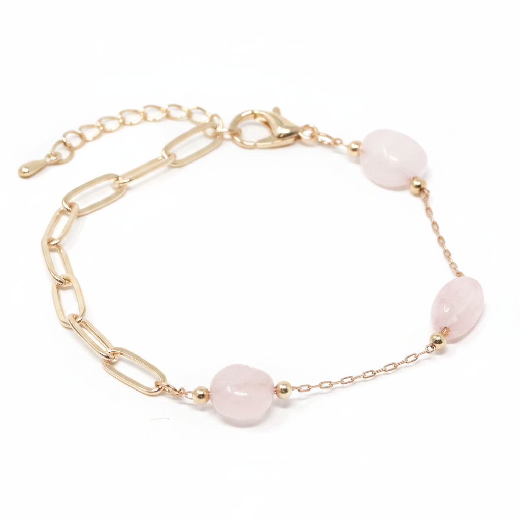 18K Gold Natural Stone Station Bracelet - Light Rose Quartz