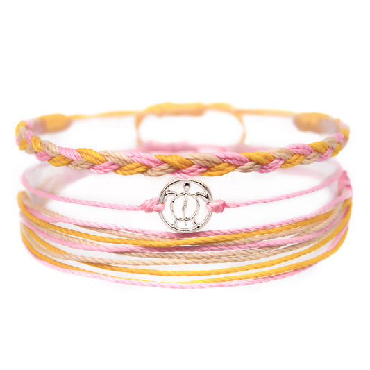 pink orange sea turtle string bracelet stack