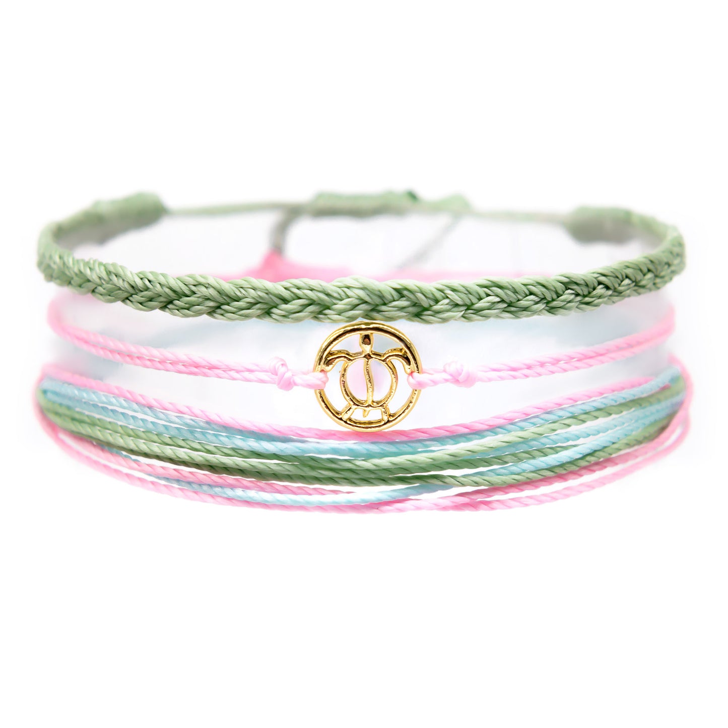 green pink sea turtle string bracelet stack