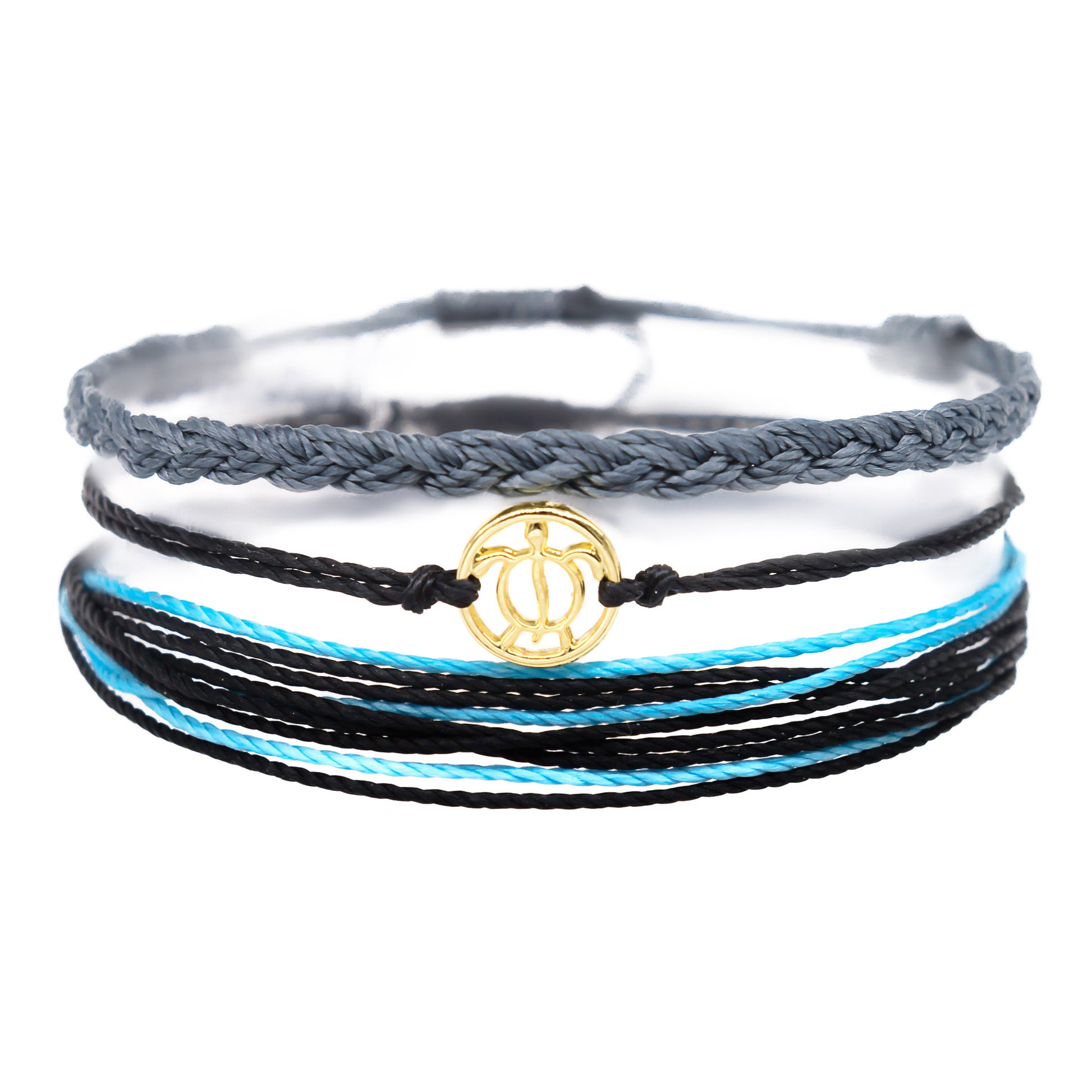 black blue sea turtle string bracelet stack