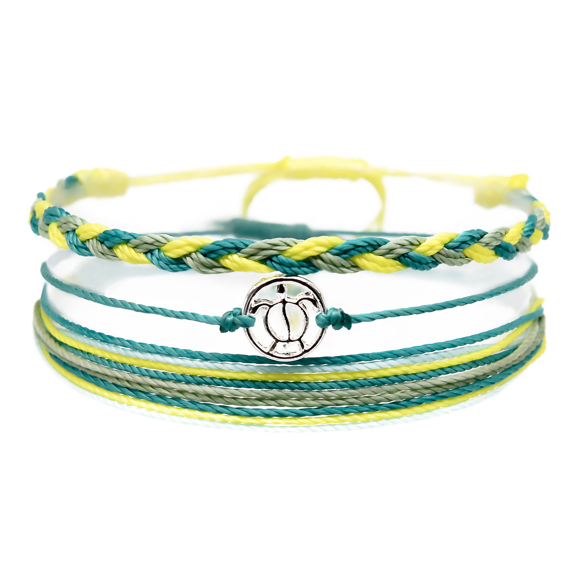 green yellow sea turtle string bracelet stack