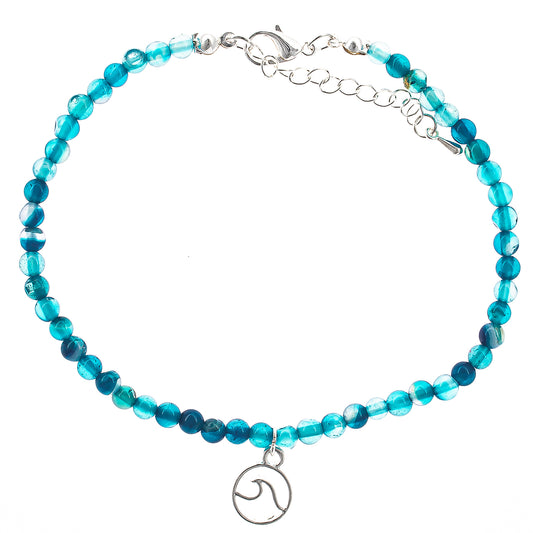 anklet, stone beaded, beach style, boho style, wave charm, teal