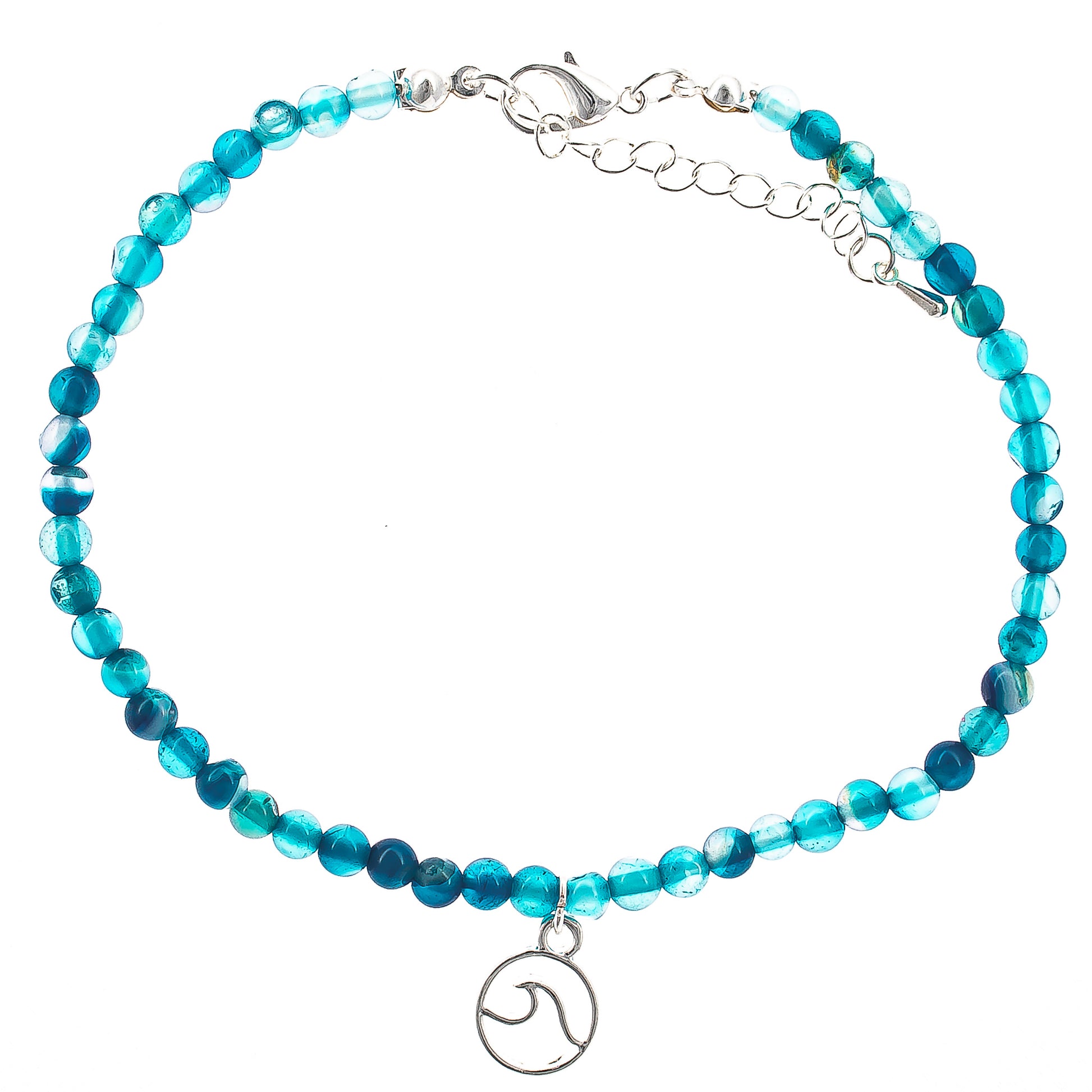 anklet, stone beaded, beach style, boho style, wave charm, teal