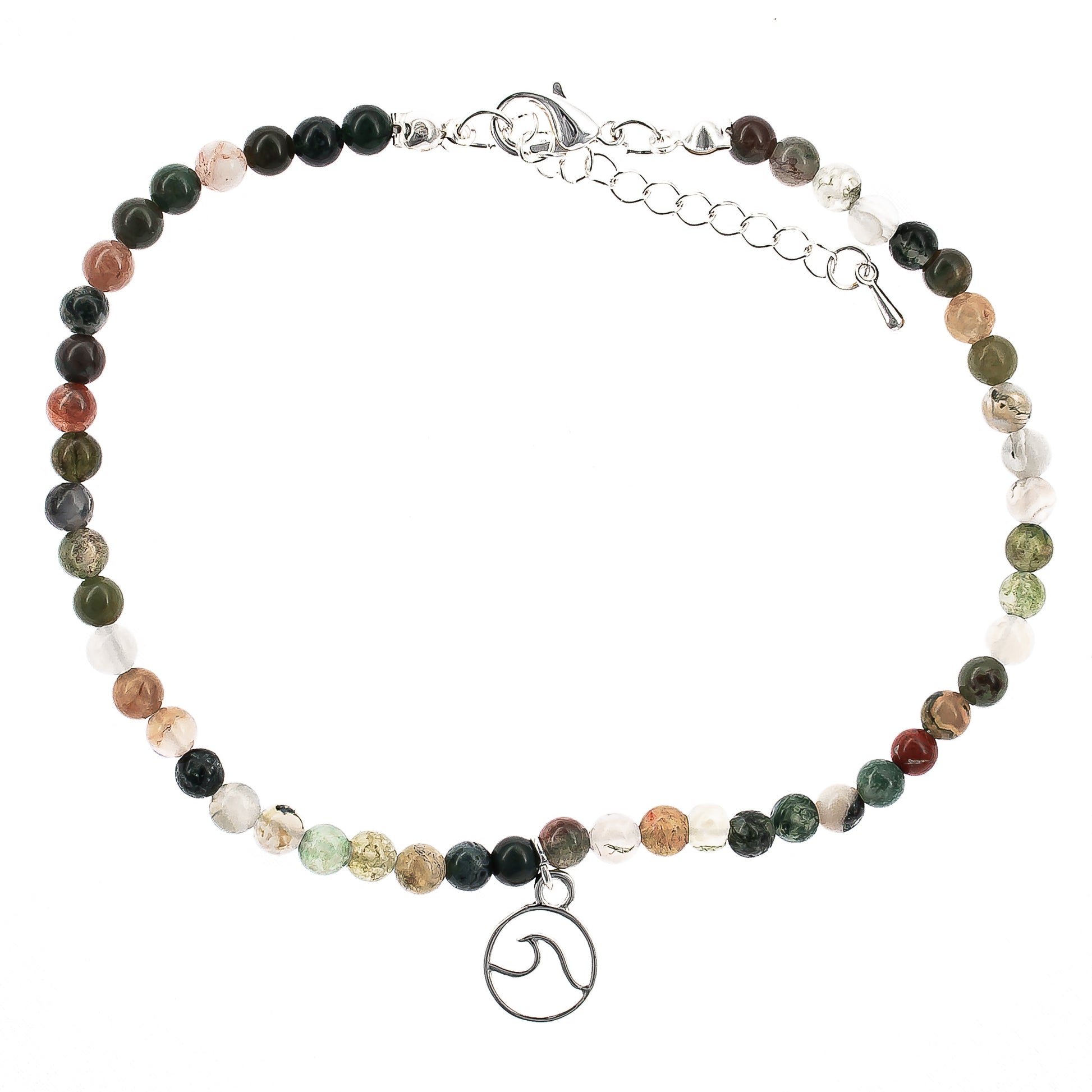 anklet, stone beaded, beach style, boho style, wave charm, neutral multi