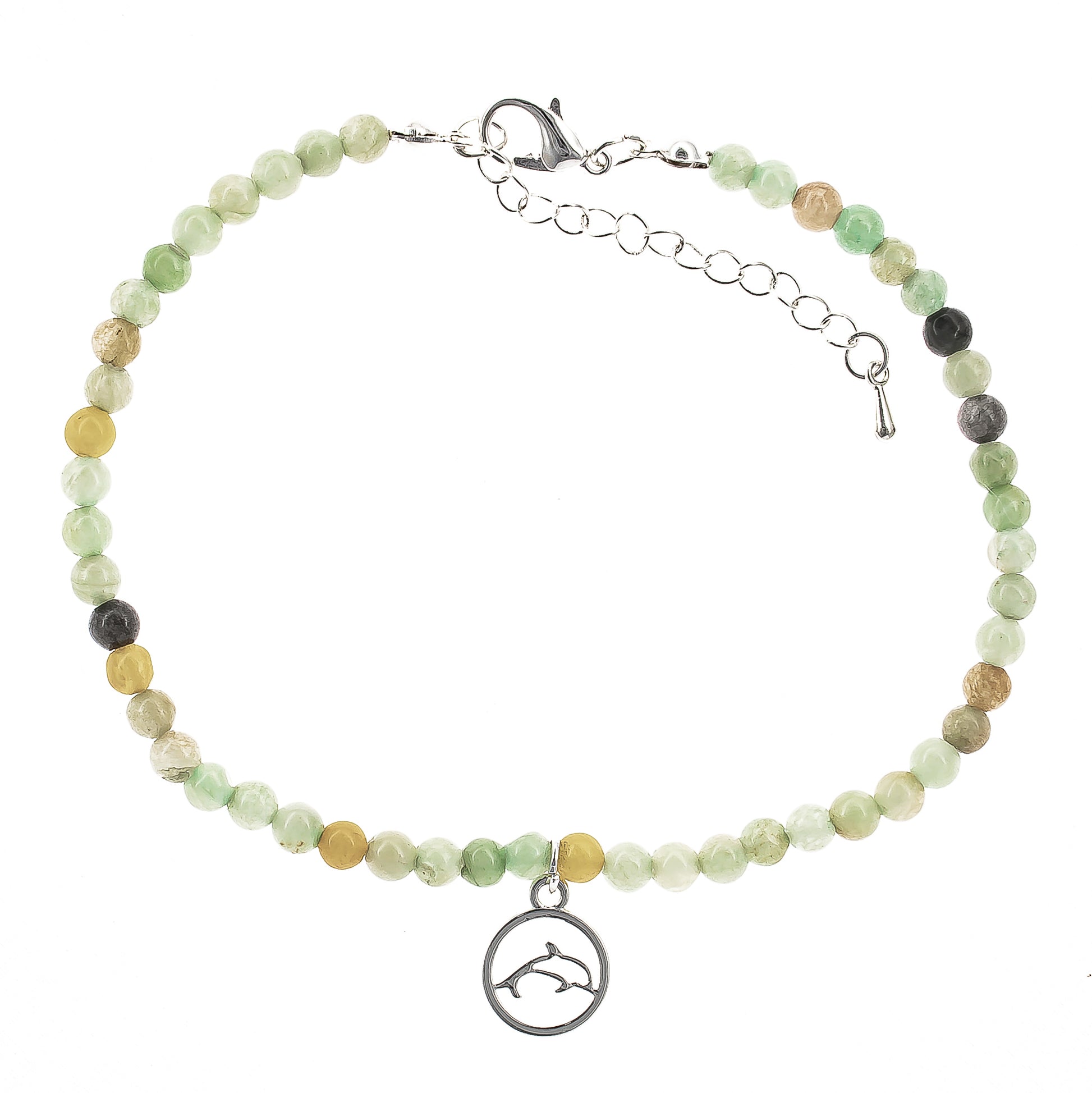 anklet, stone beaded, beach style, boho style, dolphin charm, green