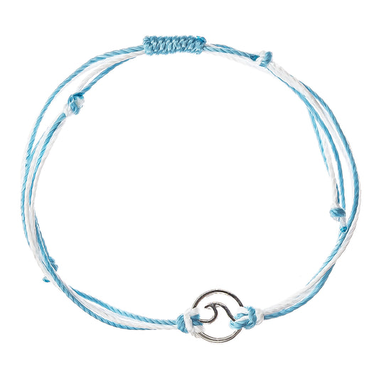 surfer string bracelet, wave charm, light blue