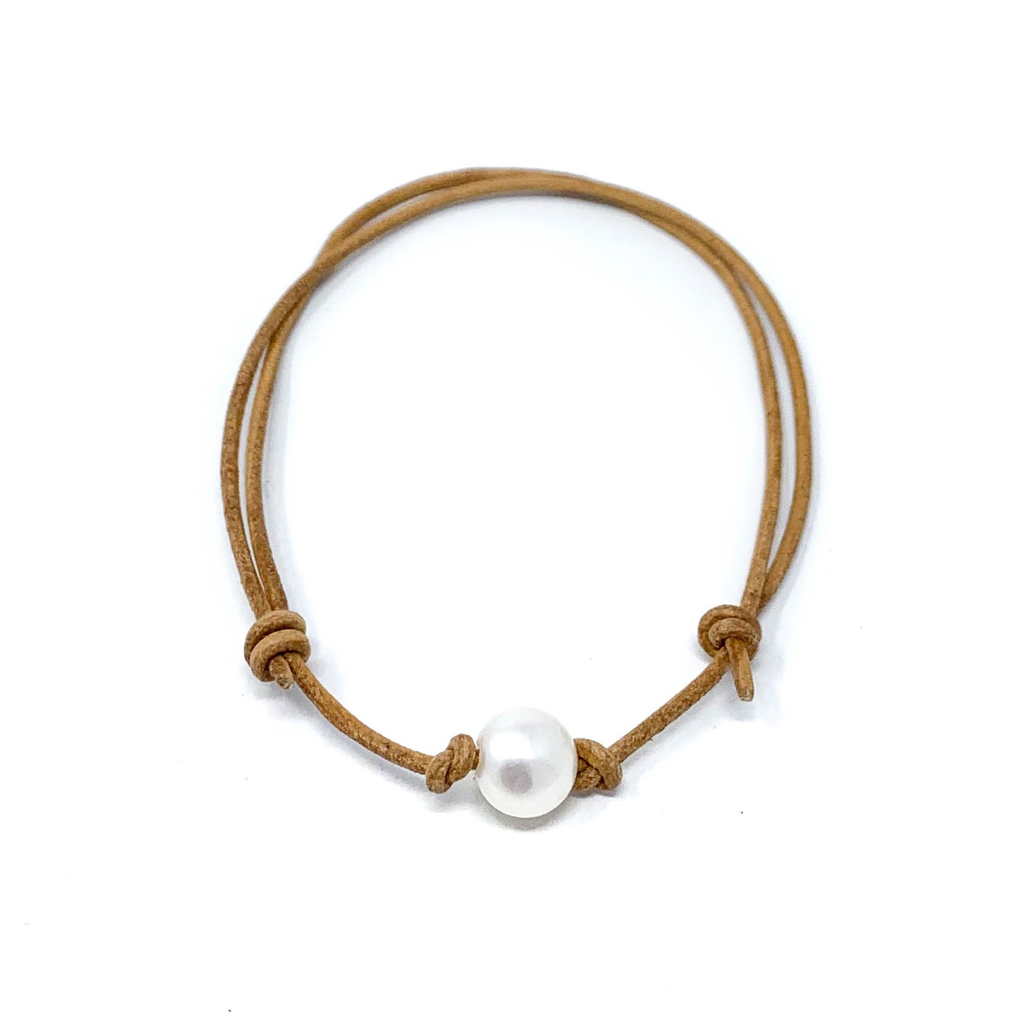 tan leather simple single pearl adjustable anklet