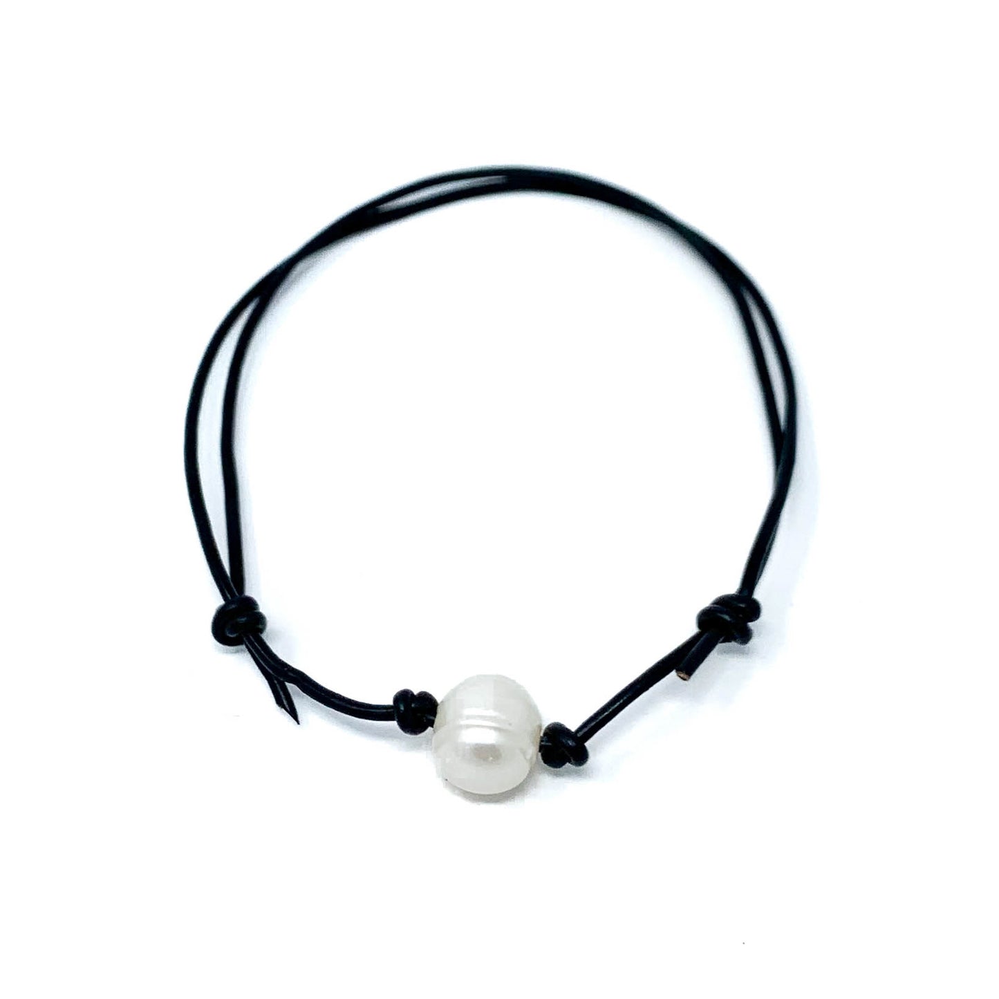 black leather simple single pearl adjustable anklet