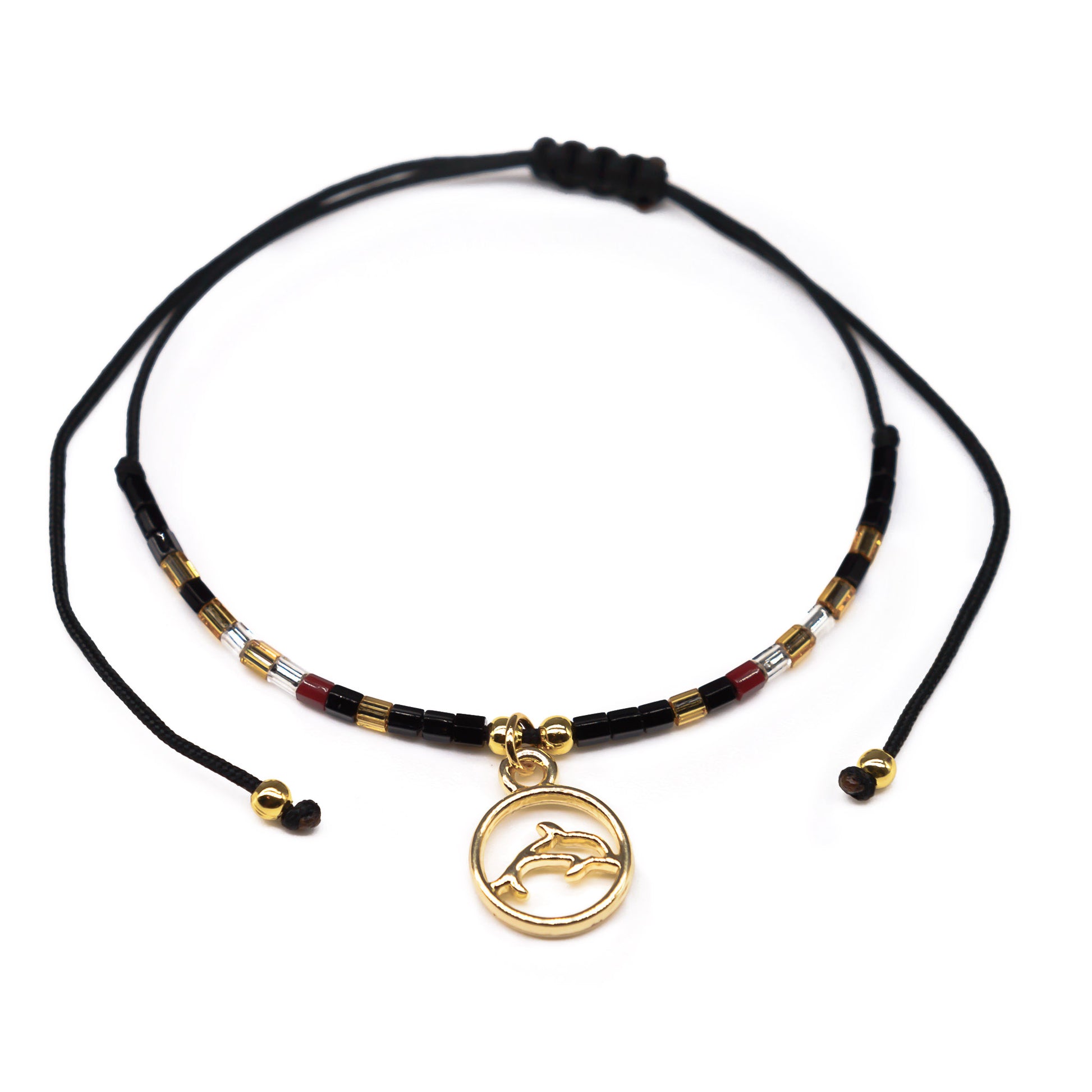 black dainty dolphin charm string beaded bracelet
