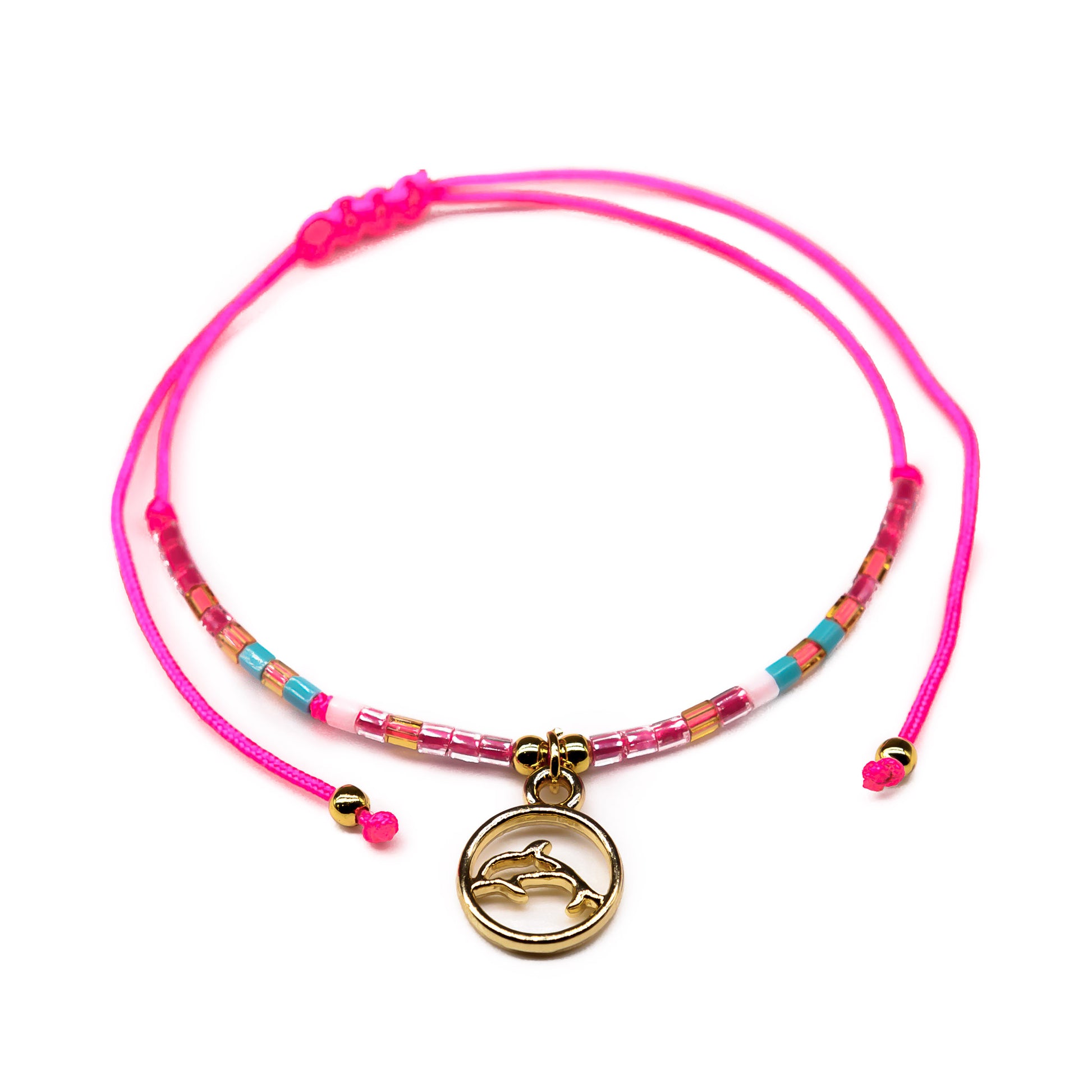pink dainty dolphin charm string beaded bracelet