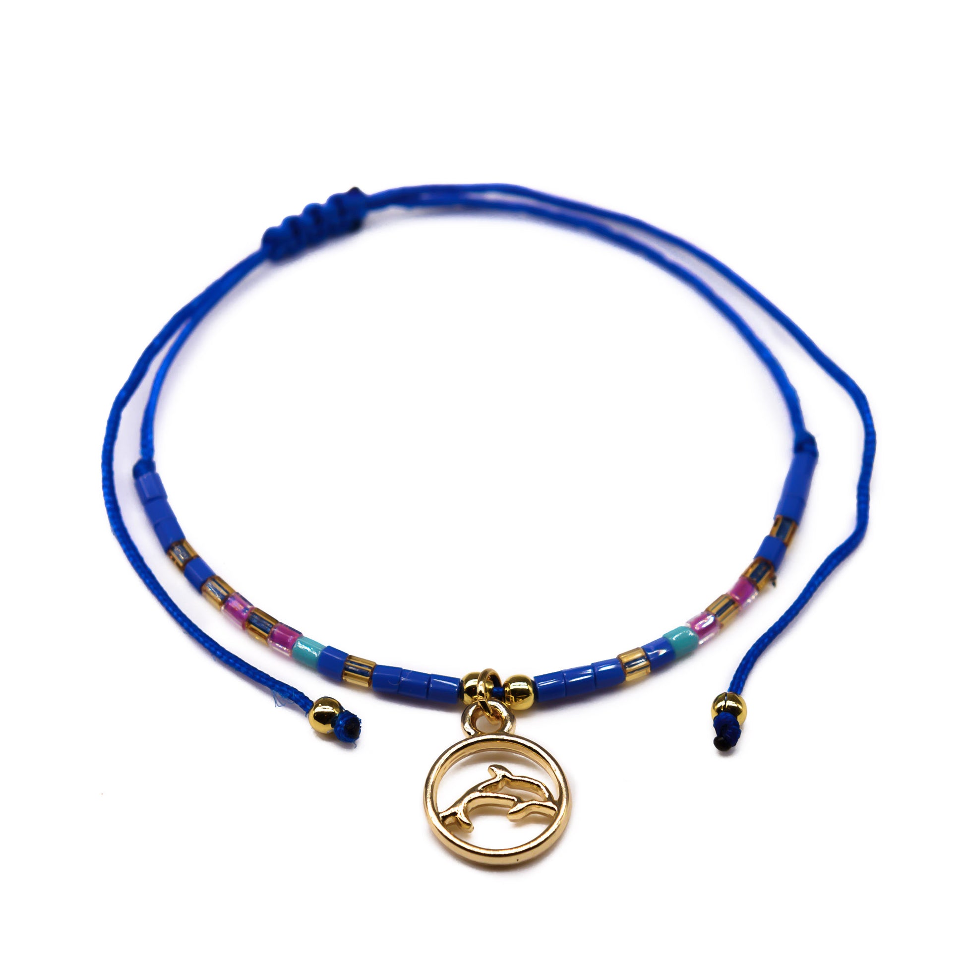 blue dainty dolphin charm string beaded bracelet
