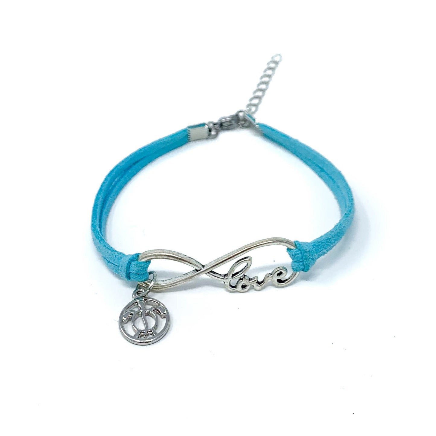blue infinity love turtle charm bracelet on suede